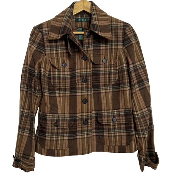 Lauren Ralph Lauren Plaid Button Down Wool Blazer Jacket Brown Size 10 - Picture 1 of 4